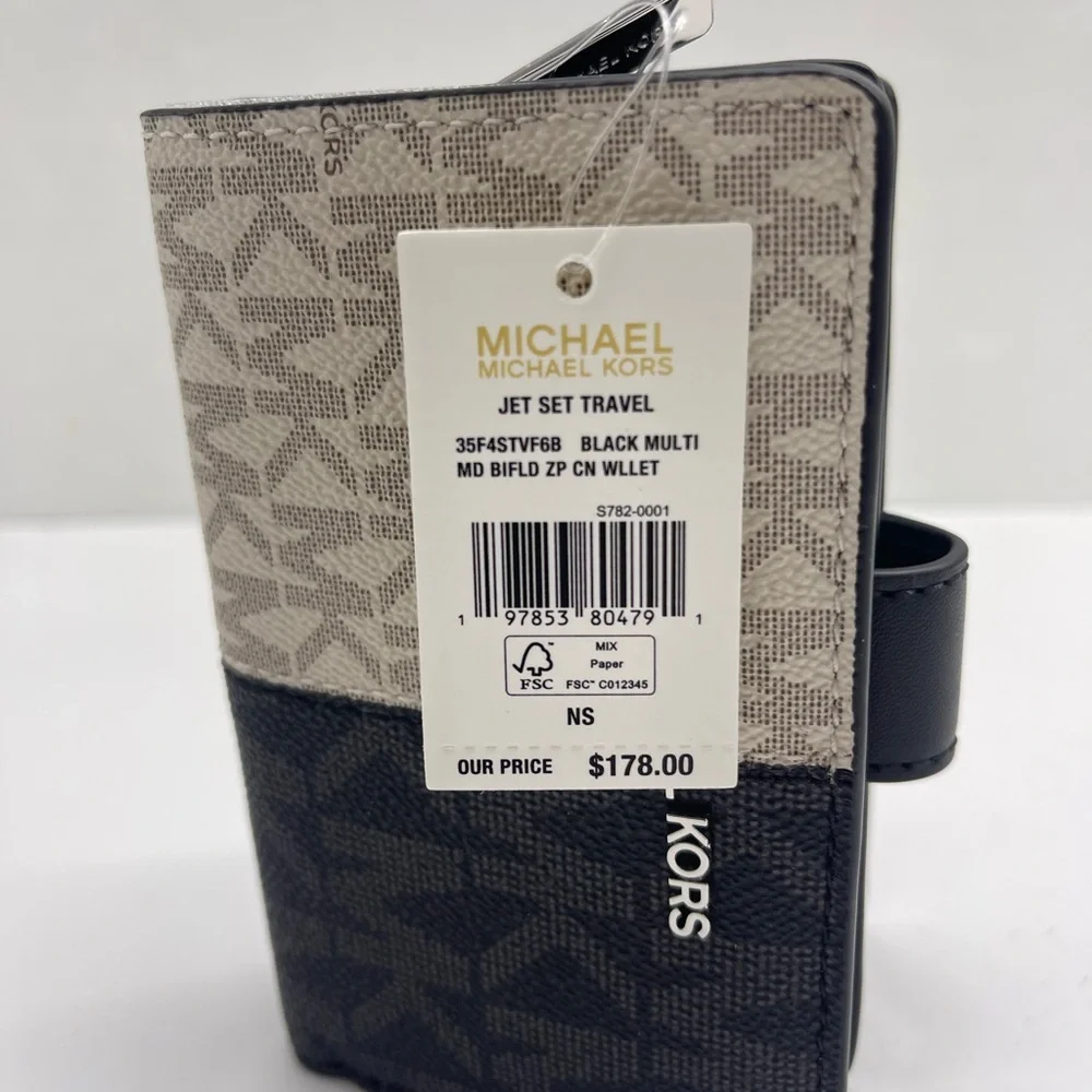 MICHAEL KORS Jet Set Travel Md Bifold Zip Signature Logo Wallet Black Multi NWT